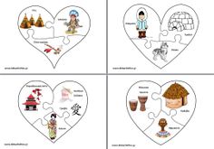 four heart shaped puzzles with pictures of different things in the shape of a puzzles