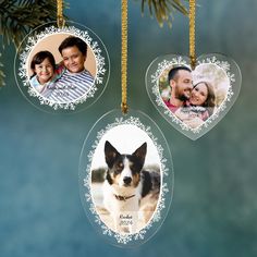 three personalized christmas ornaments hanging from a tree with snowflakes on the branches