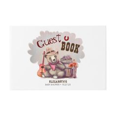 a bear with a hat and guitar is sitting in front of a sign that says guest book