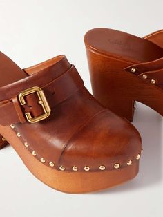 CHLOÉ Jeanette studded platform clogs | NET-A-PORTER Clog Fashion, Porter Bag, Flat Dress Shoes, Chloe Shoes, Platform Clogs, Dress Flats, Leather Decor, Raffia Bag, Fine Jewelry Designers