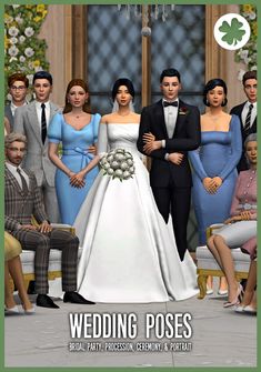 a group of people standing next to each other in front of a wedding ceremony poster