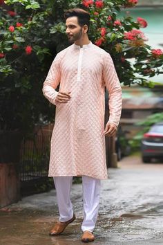 Shop for Priyanka Haralalka Peach Cotton Silk Geometric Embroidered Kurta Set for Men Online at Aza Fashions Embroidery Geometric, Kurta Set For Men, Types Of Work, Luxury Sale, Katan Silk, Pattern Embroidery, Silk Embroidery, Band Collar, Kurta Set