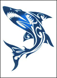 a blue and white tattoo design of a shark