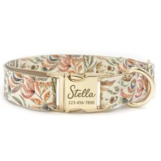 a white floral dog collar with a gold buckle and nameplate on the front of it