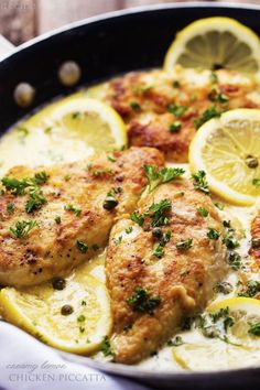 chicken with lemons and parsley in a skillet