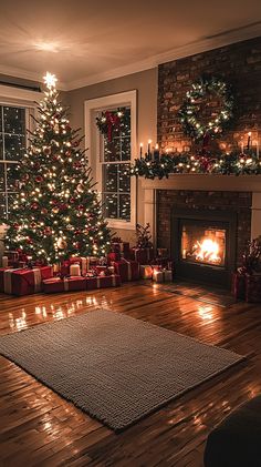 a living room with a christmas tree and lit candles on the fireplace mantels