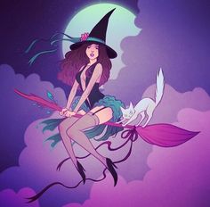 a woman riding on the back of a witch's broom in front of a full moon