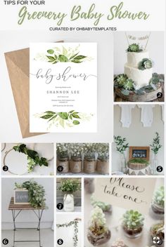 a collage of green baby shower items