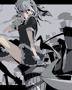 an anime character with grey hair and red eyes sitting on a chair in front of a gray background