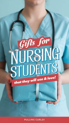 A Pinterest pin with a photo of a nursing student holding a gift. The text on the pin says "GIFTS for nursing students" with the subtitle "that they will use & love!". The background is light blue. The text is in bold and creative lettering. There are no pinterest icons. The site name is Pulling Curls®. Gifts For Young Nurses, Nursing School Graduation Gift Ideas, Nurse Survival Kit Ideas, Nursing Student Christmas Gifts, Gift Ideas For Nursing Students, Nursing Graduate Gift Ideas, Nurse Graduation Gift Ideas, Gift For Nursing Student, Nursing Grad Gifts Ideas