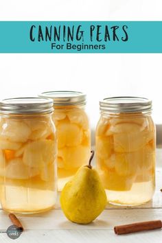 three jars filled with apples and pears next to cinnamon sticks