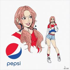 the pepsi girl is standing next to another woman with her hand on her hip,