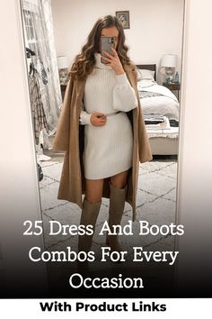 Create a simple yet chic aesthetic with this cute dress and boots outfit that will elevate your style effortlessly. Click now to discover how to rock this trend with ease! Sweater Dress With Cowboy Boots Fall, Sweater Dress With Western Boots, Knit Dress With Cowboy Boots, Short Boots With Dresses, Tan Ankle Boots Outfit, Outfit With Dress