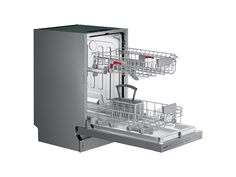 a dishwasher with the door open on a white background