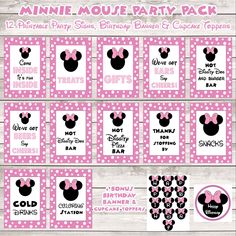 minnie mouse party pack with pink and white polka dot printables on the side