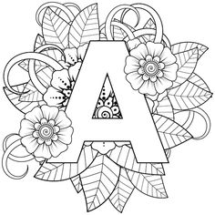 the letter coloring page with flowers and leaves in black and white, on a white background