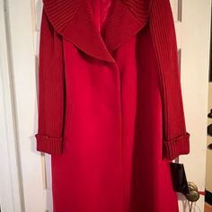 Beautiful And Very Red Size 1x New With Tags Sweater Like Collar And Cuffs Red Long Outerwear For Work, Long Red Outerwear For Work, Chic Red Long Outerwear, Chic Long Red Outerwear, Long Red Coat, Long Dress Coat, Wool Blanket Coat, Natural Hair Bob, Red Long Coat