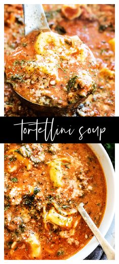 two pictures with different types of food in them and the words tortellini soup on top