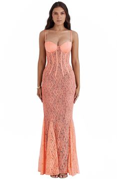 A corseted bodice adds sultry appeal to this corded lace gown that accentuates your curves and flares out in glamorous godets at the hem. Exclusive retailer Hidden back-zip closure Sweetheart neck Adjustable straps Lined, with underwire cups 100% polyamide with 94% polyester, 6% polyurethane contrast Dry clean Imported Fitted Gown With Scalloped Lace And Sweetheart Neckline, Fitted Evening Dress With Lace Trim And Sweetheart Neckline, Fitted Gown With Lace Bodice, Fitted Gown With Lace Bodice And Sweetheart Neckline, Floor-length Lace Mermaid Dress With Fitted Bodice, Fitted Gown With Scalloped Lace For Gala, Lace Mermaid Dress With Fitted Bodice, Lace Mermaid Dress With Fitted Bodice For Gala, Lace Floor-length Evening Dress With Corset Back