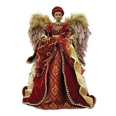 an angel figurine with red and gold accents