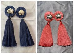 Beautiful Navy Blue & Pink Colored Cotton Thread tassel earrings With Lotus Monogram in center  Why you should buy these beautiful & attractive earrings. 1.) Eco-Friendly Materials: Cotton is a natural and sustainable material. If you prioritize eco-friendly choices, these earrings can align with your commitment to sustainability. 2.) Handmade Craftsmanship: Handmade items often showcase the skill and artistry of the craftsperson. Choosing handmade earrings can mean supporting artisanal craftsmanship and appreciating the effort put into each piece. 3.) Cultural or Boho Influence: Depending on the design, these earrings may incorporate cultural or bohemian influences. If you appreciate cultural elements or have a boho style, these earrings could be a perfect addition to your collection. 4.) Pink Tassel Earrings, Navy Blue And Pink, Braided Necklace, Stylish Earrings, Pink Tassel, Sari Fabric, Stylish Earring, Blue And Pink, Tassel Earrings