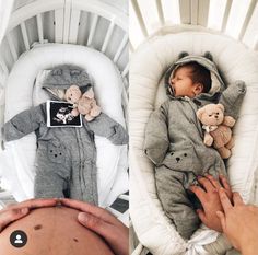 a baby sleeping in a crib next to an adult's hand holding a stuffed animal