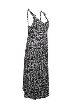 Get ready to charm with the Auguste Black & White Floral Print Midi Dress. This darling sleeveless number features a dainty floral print, romantic ruffled trim, and a charming keyhole accent. Perfect for any occasion, pair it with some strappy white sandals for a lovely look. Size M 100% Rayon Unlined Hidden side zipper Adjustable ruffled straps Front tie keyhole Bust 32.5" Waist 34" Shoulder to hem approx. 46" Black Floral Print Maxi Sleeveless Dress, Black Floral Print Sundress Sleeveless, Black Floral Print Sleeveless Sundress, Black Sleeveless Sundress For Daywear, Floral Print Midi Dress, Sleeveless Midi Dress, Print Midi Dress, White Sandals, Printed Midi Dress