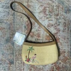 Such A Fun Bag That Is Perfect For The Tropics! New With Tag Attached! Y51 Summer Embellished Beige Bags, Summer Beige Embellished Shoulder Bag, Embellished Travel Bags For Summer, Hip Purse, Flower Purses, Flamingo Bird, Sequin Party, Straw Handbags, Pastel Stripes