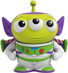 the toy is green and purple with big eyes