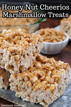 honey nut cheerios marshmallow treats stacked on top of each other with the title overlay