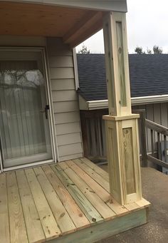 a wooden porch with steps leading up to the front door