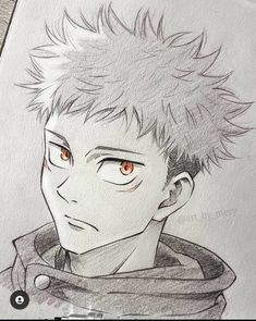 a drawing of an anime character with red eyes and short hair, wearing a hoodie