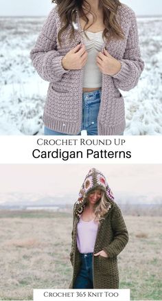 two photos with text that says crochet round up cardigan patterns, and the same