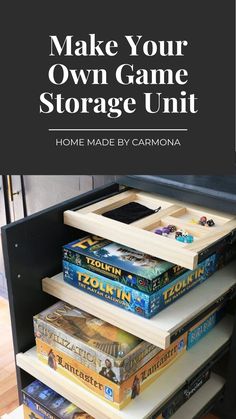 some books are stacked on top of each other with the title make your own game storage unit