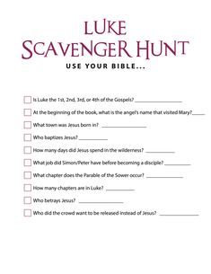 FREE Luke Bible Scavenger Hunt - Children's Ministry Deals Bible Scavenger Hunt, Luke Bible, Book Of Luke, Bible Study Activities, Youth Bible Study, Childrens Ministry Curriculum, Kids Sunday School Lessons, Bible Quiz, Kids Bible