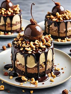 three desserts on plates with nuts and chocolate drizzled over them,