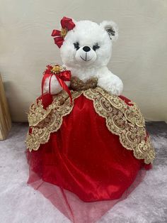 Osito Bear Quince, Quince Bear, Doll Teddy Bear, Red Teddy Bear, Wedding Bible, Dressed To Impress, Glitter Dress, Pillow Box, Gold Lace