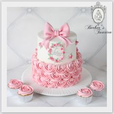 a pink and white cake with cupcakes next to it