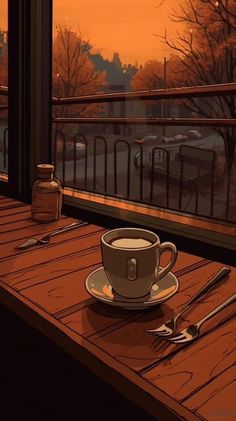 a cup of coffee sitting on top of a wooden table