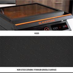 two different views of an oven with orange speckles on the side and black stove top