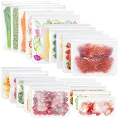 six ziplock bags filled with various fruits and vegetables