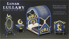 a blue and gold children's bedroom set with stars, moon and crescent decorations