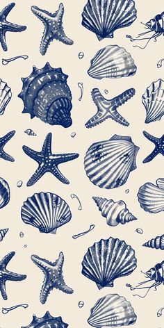 blue and white seashells with starfish on them are featured in this seamless wallpaper