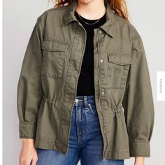 Old Navy Utility Jacket Size L Nwt Olive Green, 100% Cotton, Cinches At Waist Zip And Snap Closure, 4 Pockets Versatile, Relaxed Fit, Great Addition To Your Wardrobe. Affordable Casual Button-up Utility Jacket, Cheap Khaki Button-up Utility Jacket, Utility Jacket Outfit, Black Utility Jacket, Old Navy Vest, Military Jacket Green, Olive Green Jacket, Green Utility Jacket, Coat Trends