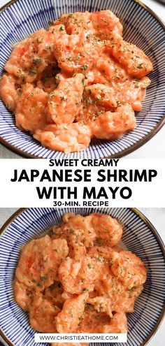 japanese shrimp with mayo sauce in a blue and white bowl