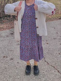 long floral dress; oxford doc martins; taylor swift red cardigan Taylor Swift Cardigan Outfit, Mission Outfits, Missionary Outfits, Granola Fits, Taylor Swift Cardigan, Sister Missionary Outfits, Mission Prep, Long Floral Dress