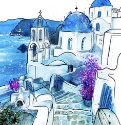 watercolor painting of an island with blue domes and flowers on the steps leading up to it