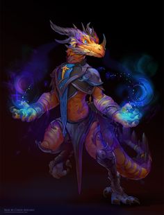 an orange and purple dragon with blue eyes standing in front of a black background,