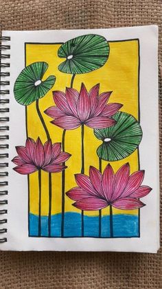 a drawing of water lilies in front of a yellow background