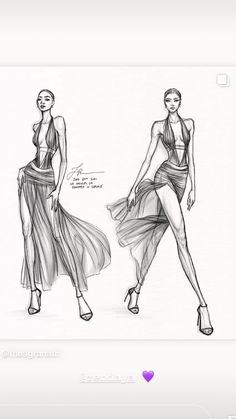 two sketches of women in evening gowns, one is wearing high heels and the other is